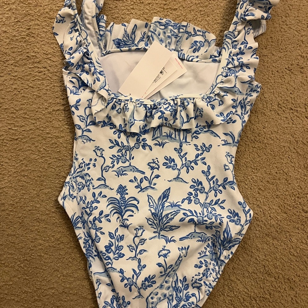 Lilly Pulitzer White and Blue Aemma Ruffle One Piece - Picture 2 of 3